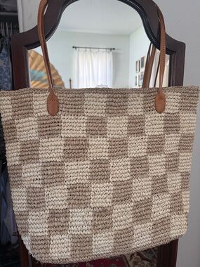 Bembien Neutral Checker Woven Tote with Tan Leather Handles